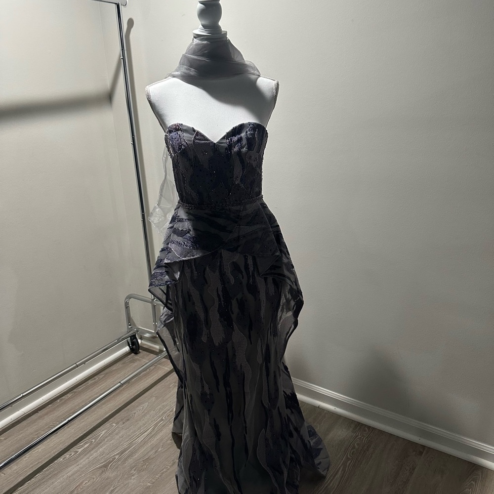 Jovani Strapless Dark Purple Evening Gown with Peplum